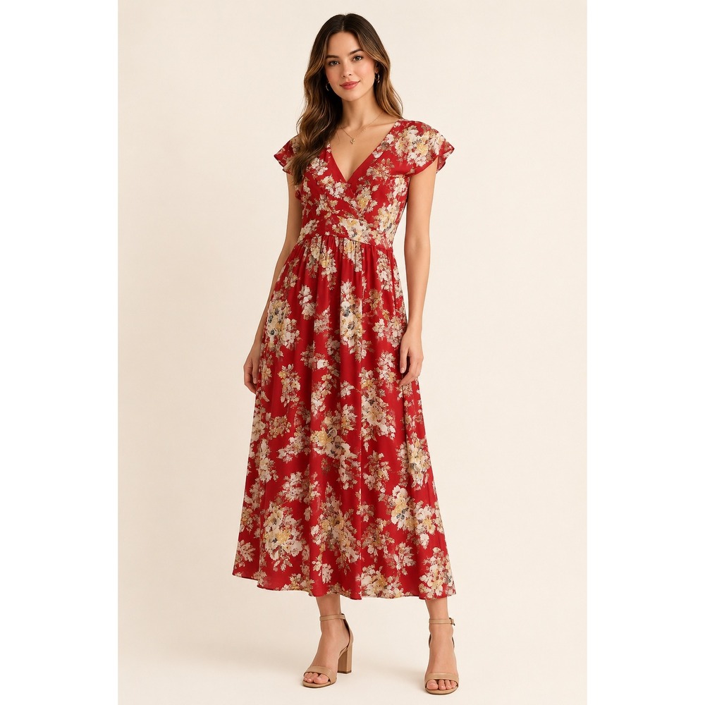 LC Lauren‎ Conrad Red Floral Ruffle V-Neck Maxi Dress XS Smocked Back Boho New